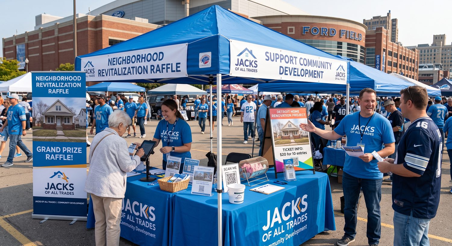 A mix of neighbors, students, and supporters at the Jacks of All Trades 50/50 raffle booth in Detroit
