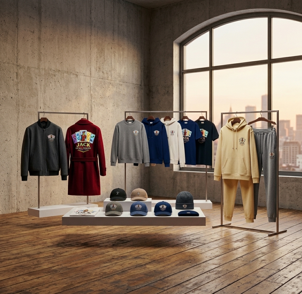 Jack of All Trades apparel collection — hoodies, tees, crewneck, sweatsuit, caps and beanies