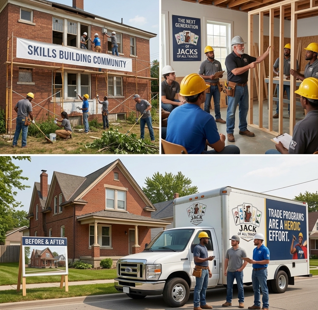 Jacks of All Trades trades program in action — skills building community, hands-on training, and finished homes