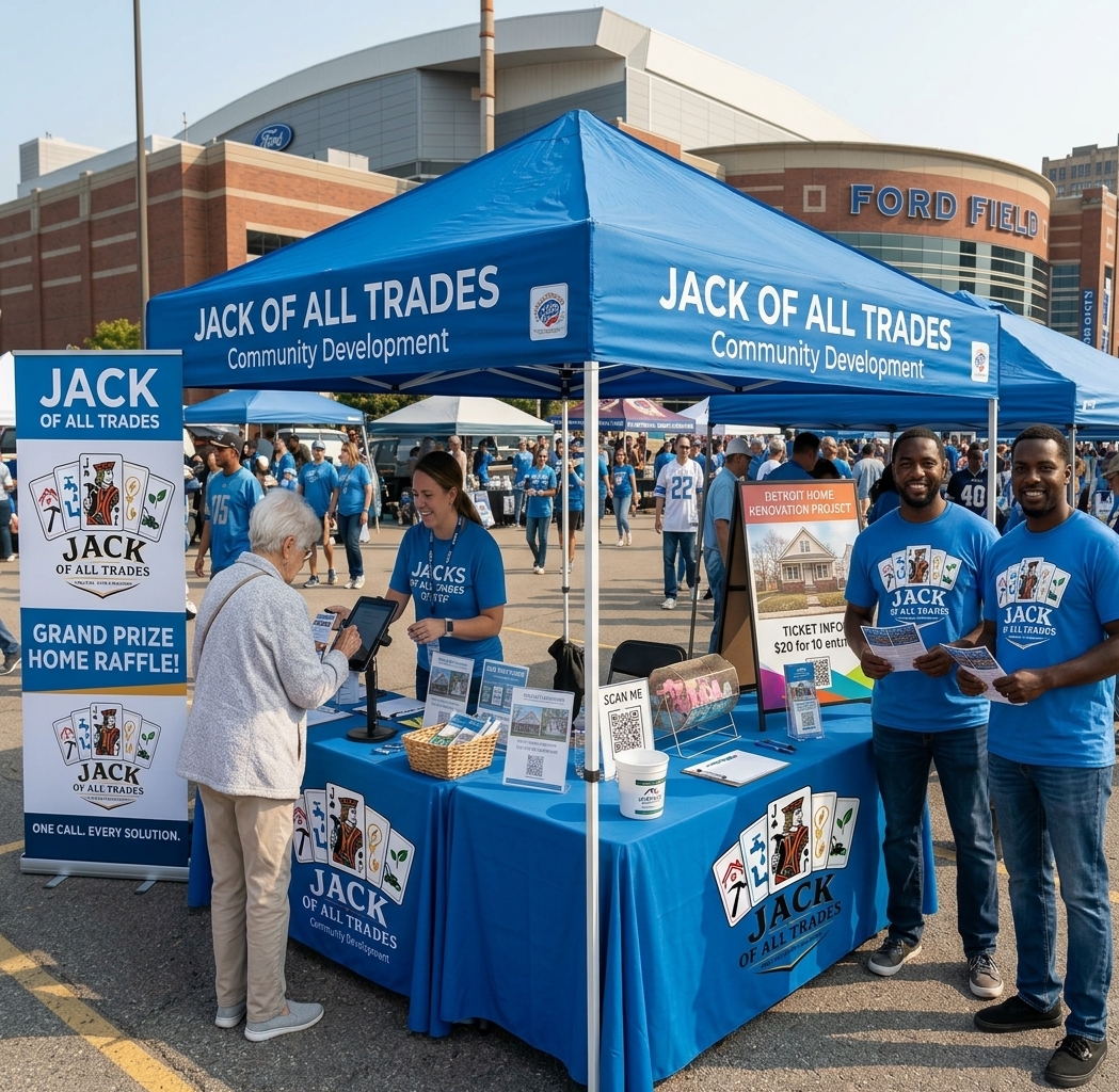 Jacks of All Trades volunteers and Detroit neighbors at the 50/50 raffle booth outside Ford Field